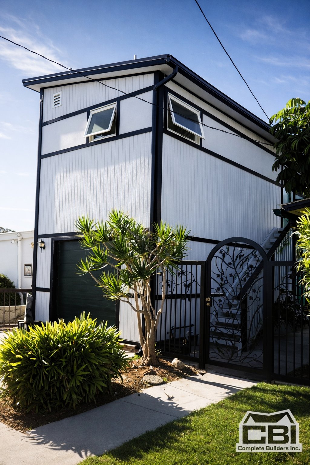 Completed ADU detached unit white navy exterior San Diego - Complete Builders Inc