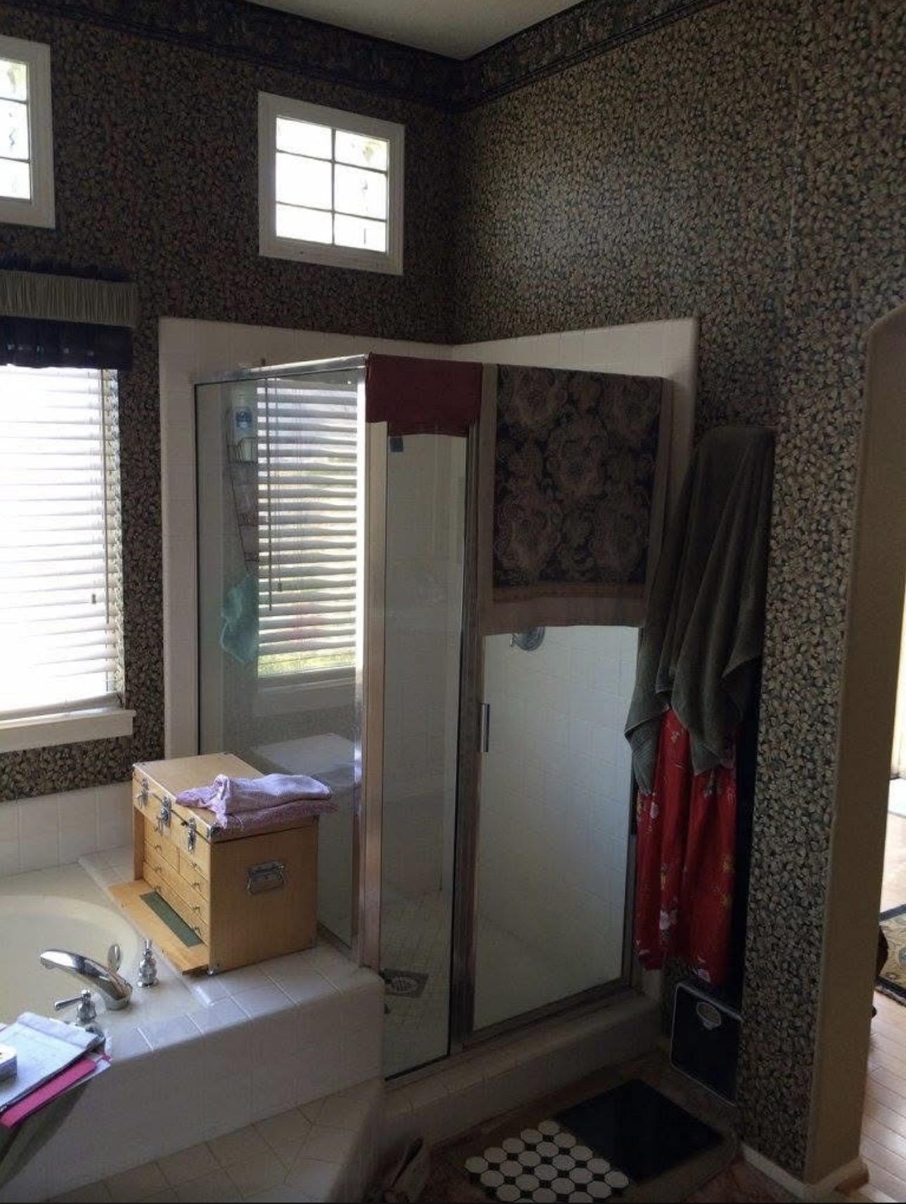 Bathroom before remodel dark wallpaper dated fixtures San Diego - Complete Builders Inc