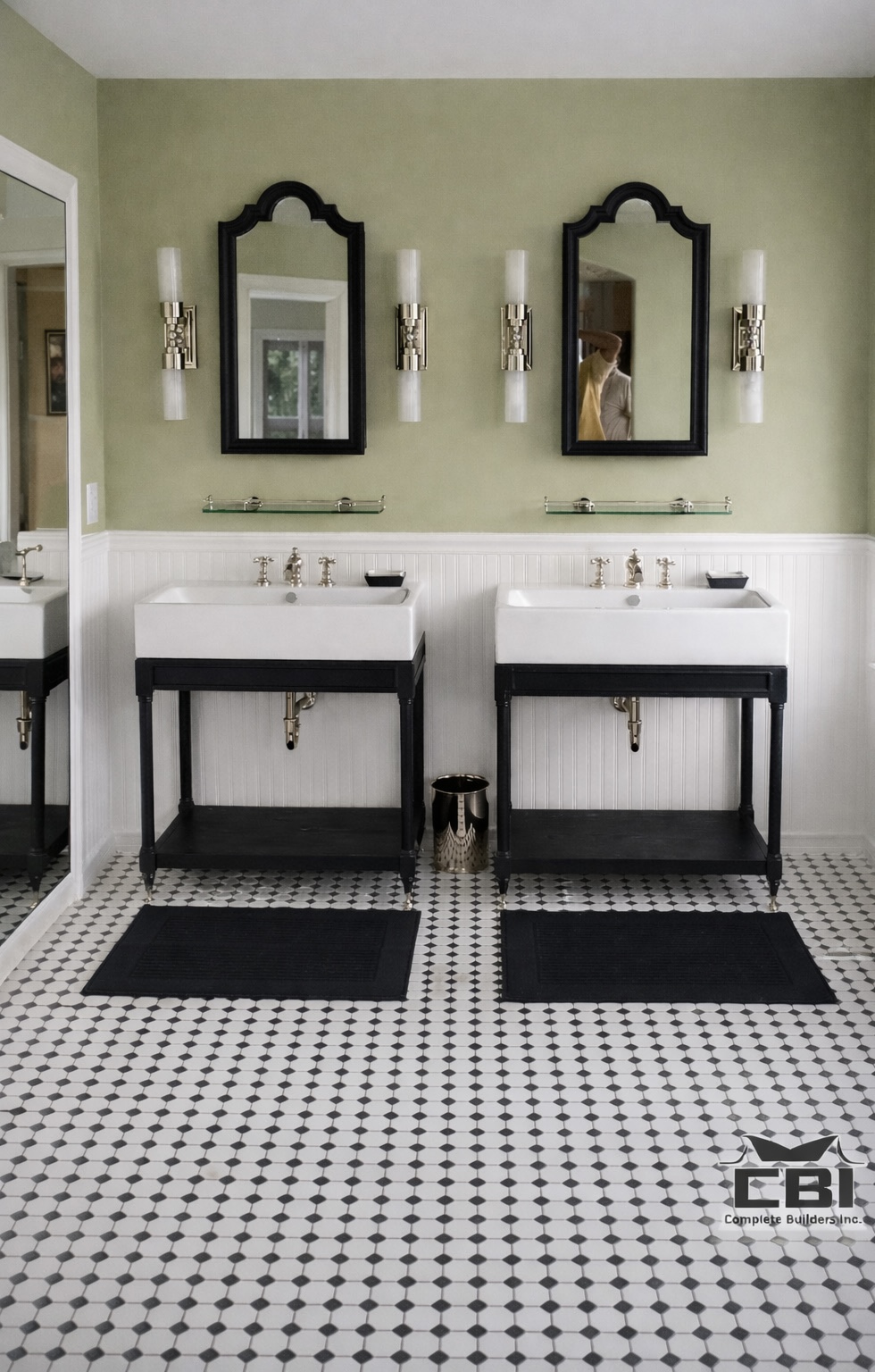 Classic bathroom double vanity octagon tile floor sage green - Complete Builders Inc San Diego