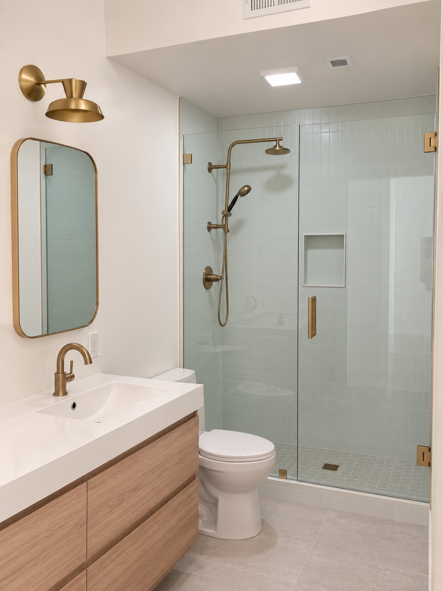 Bathroom gold fixtures seafoam tile shower San Diego - Complete Builders Inc