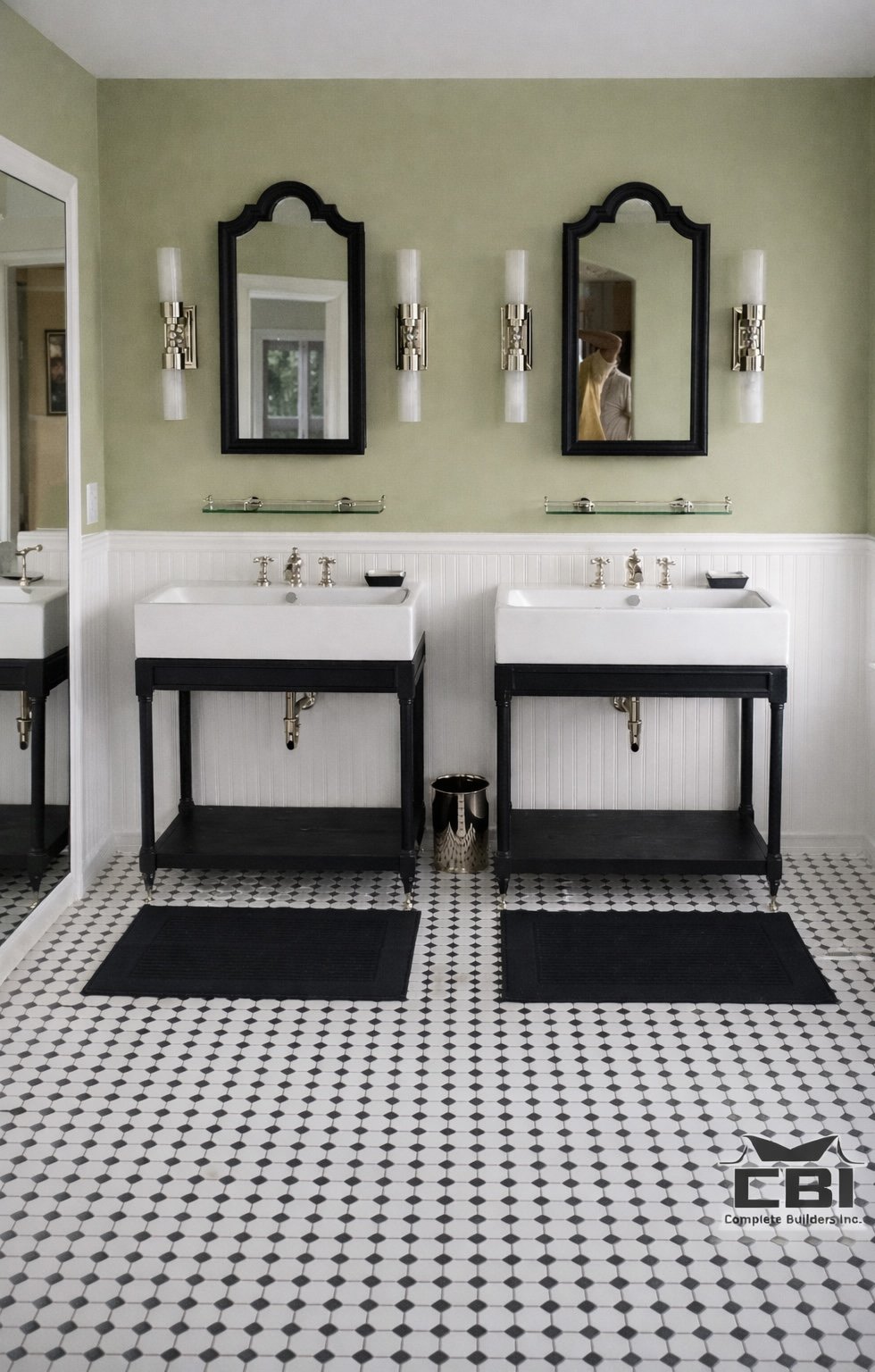 Classic bathroom double vanity green walls ornate mirrors hex tile San Diego - Complete Builders Inc