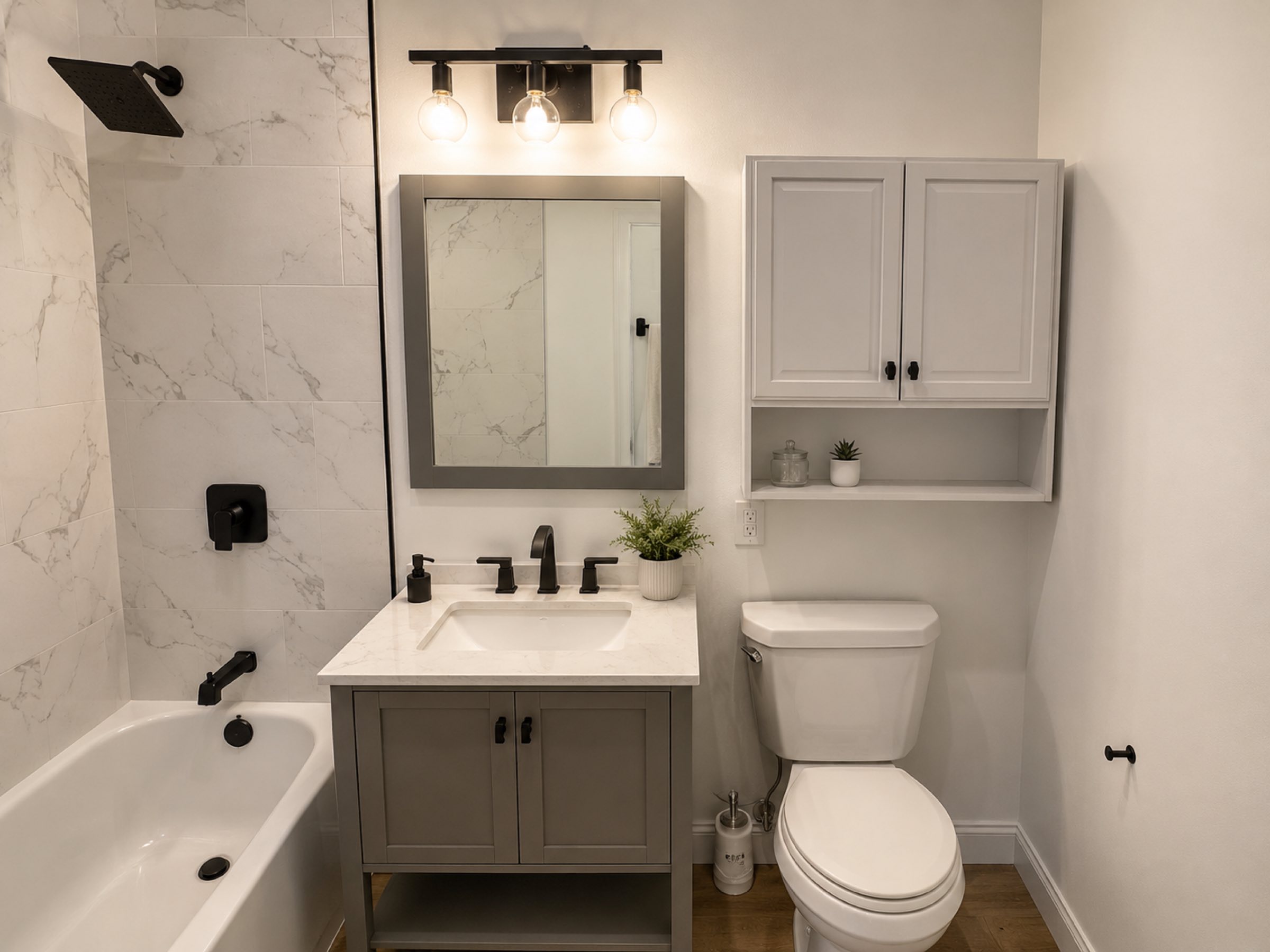 Bathroom marble tile tub and shower black fixtures San Diego - Complete Builders Inc