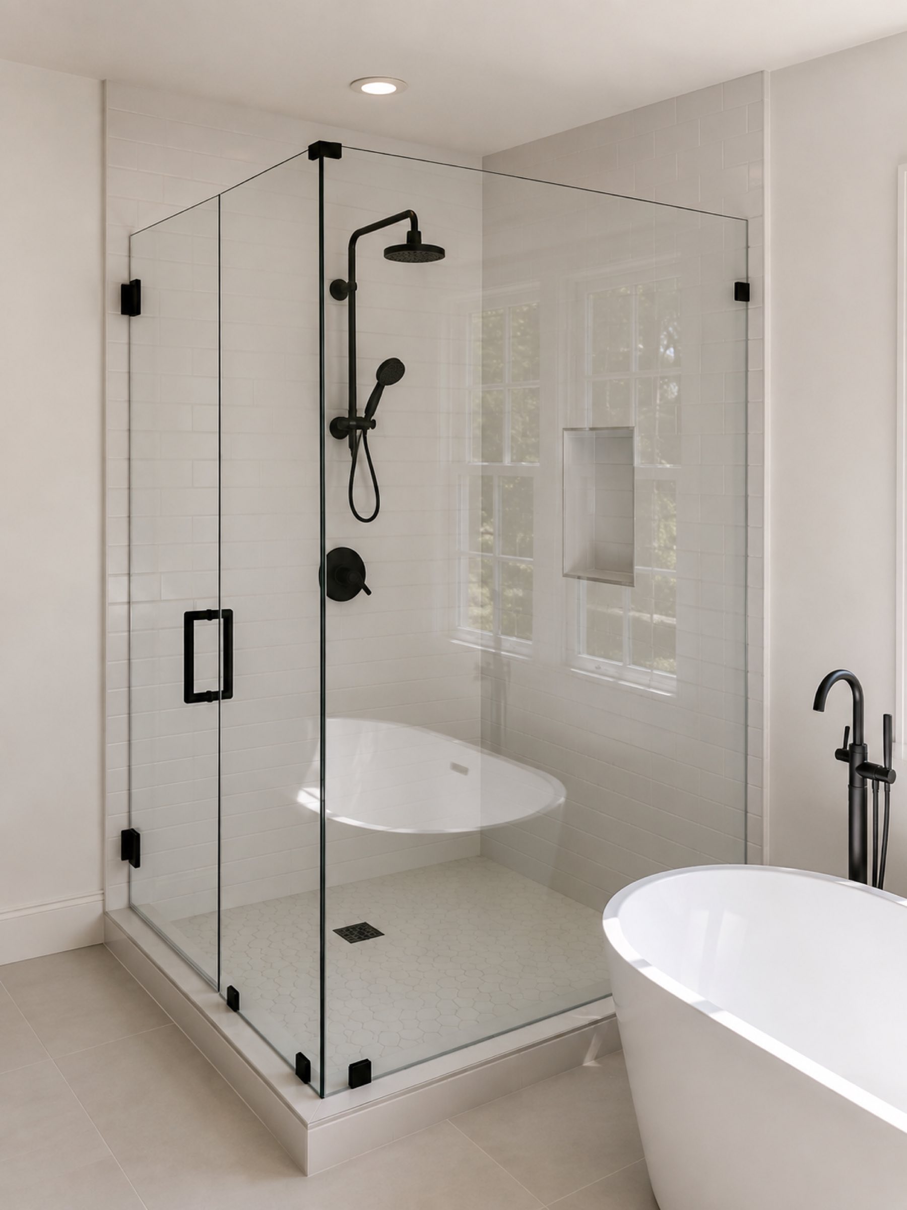 Frameless glass shower and freestanding tub matte black fixtures San Diego - Complete Builders Inc