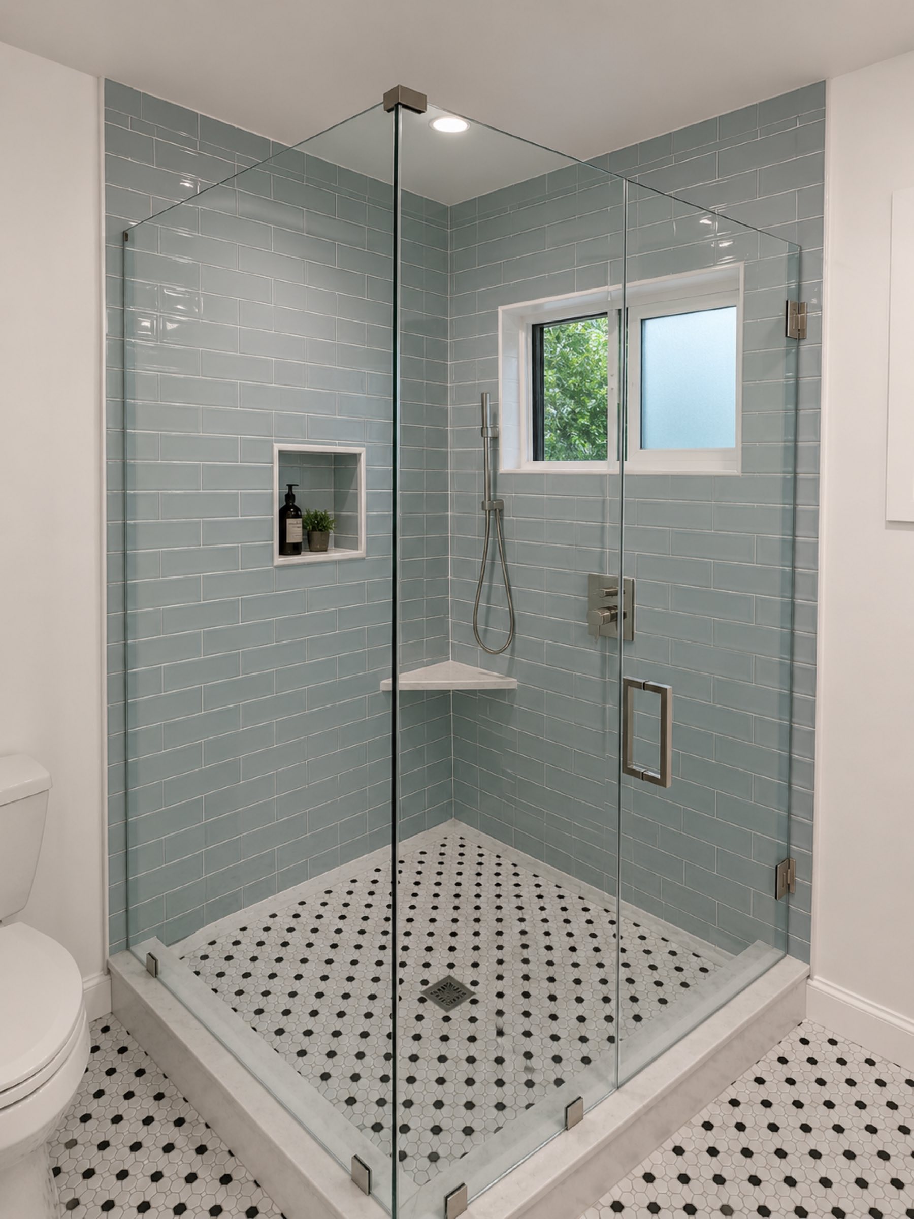 Bathroom glass shower blue subway tile San Diego - Complete Builders Inc