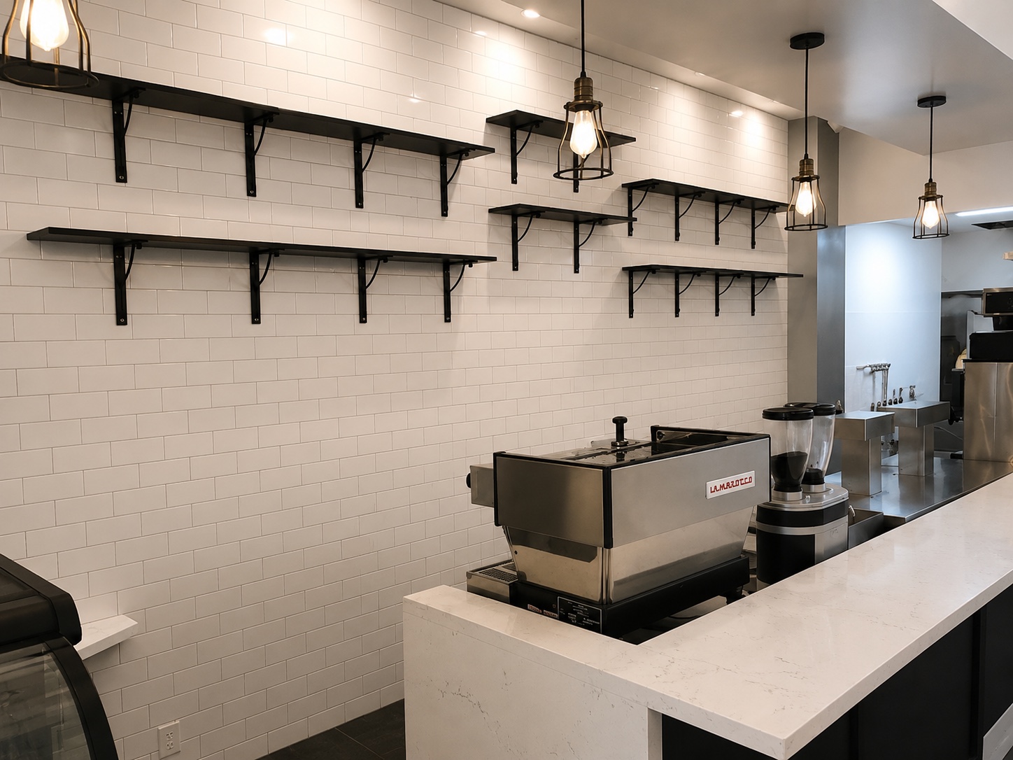 Espresso bar subway tile wall with iron shelving San Diego - Complete Builders Inc