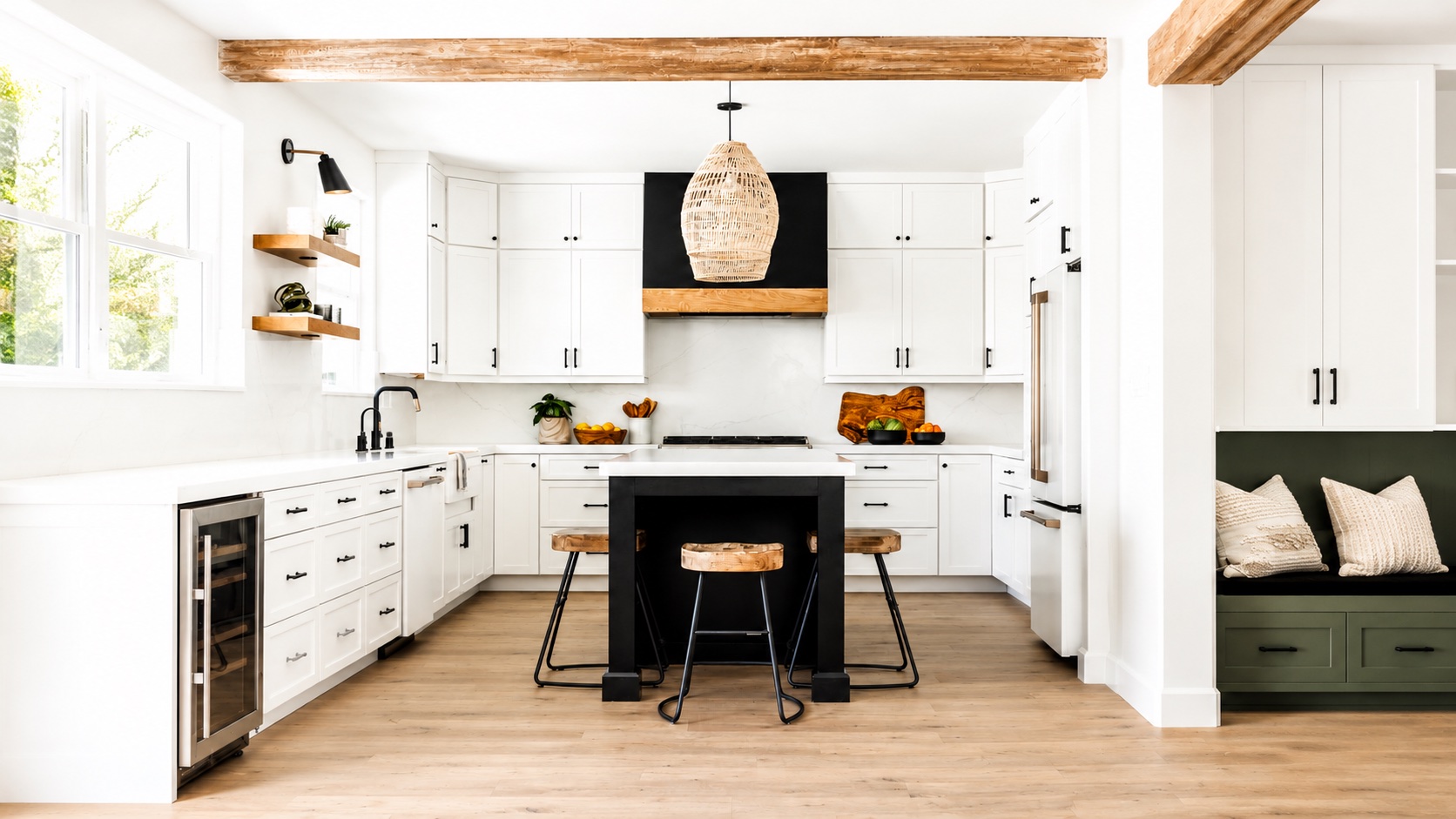 Modern white kitchen remodel with wood beam by Complete Builders Inc San Diego