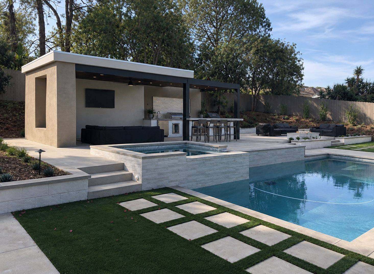Outdoor living space with covered cabana, outdoor kitchen, and pool, San Diego
