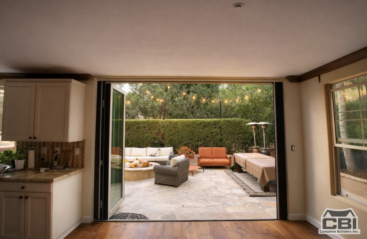 Room addition bifold doors opening to patio San Diego - Complete Builders Inc